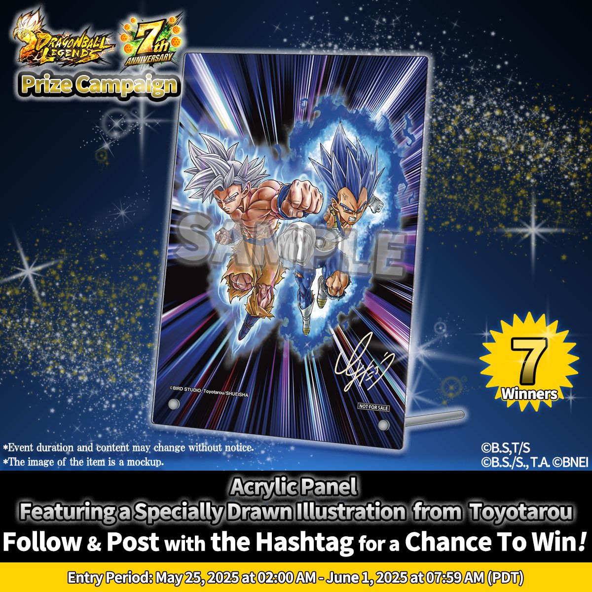 Die Preisaktion zum 7. Jubiläum von Dragon Ball Legends findet am X statt! Ihre Chance, eine Acrylplatte mit einer speziell gezeichneten Illustration von Toyotarou zu gewinnen!