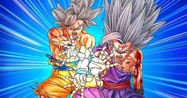 Poster mit einer brandneuen ultimativen Vater-Sohn- Kamehameha -Illustration zum 10. Jubiläum von Dragon Ball Super, enthalten in der supergroßen August-Ausgabe von V Jump! Figur folgt!